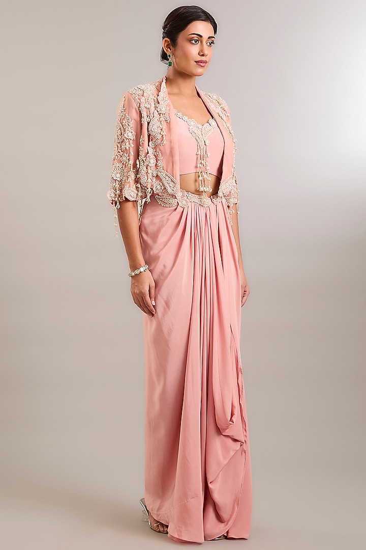 Blush Pink Crepe Hand Embroidered Draped Skirt Set by Ridhima Bhasin at Pernia's Pop Up Shop